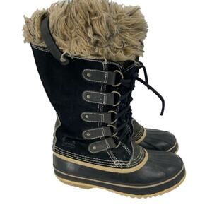 Sorel Joan of Arctic Snow Boots Leather Rubber Faux Fur Waterproof Black Size 7